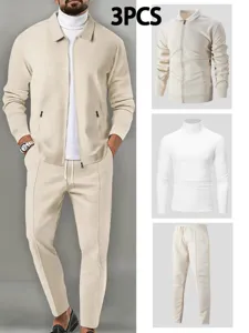Detailed view of the 3-piece waffle zip jacket, turtleneck t-shirt and casual pants set.