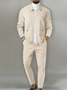 Men's waffle knit zip jacket and trousers set with white top, casual autumn outfit details.