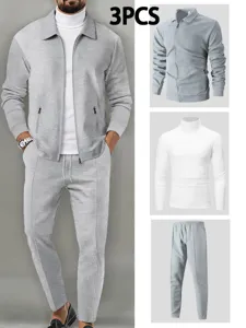 Men's stylish 3-piece waffle tracksuit zip jacket turtleneck t-shirt and casual pants set.