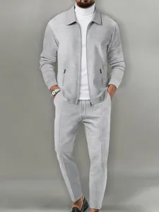 Men's grey waffle knit zip jacket casual pants and white t-shirt 3-piece outfit detail view