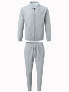 Men waffle knit tracksuit jacket and pants set casual full zip autumn sportswear outfit gray