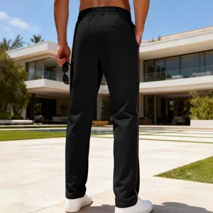 Men's casual black straight sweatpants with red side stripe contrast, loose fit trousers.