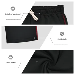 Men's casual sports sweatpants detail, elastic waistband, red stitching, soft fabric texture.