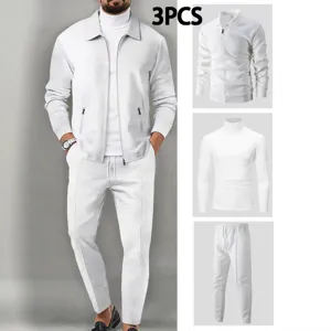 Men's Waffle Knit Zip Jacket T-Shirt And Pants Three Piece Casual Suit Autumn Long Sleeve Outerwear Solid Color Sportswear Tracksuit
