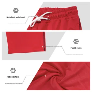 Detailed close-up view of red casual sweatpants showcasing waistband and fabric texture.