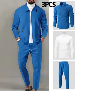 Men 3-piece waffle knit tracksuit zip jacket turtleneck tee trousers casual outfit set