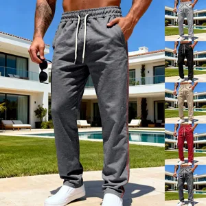 Men's casual loose straight leg sweatpants with drawstring waist and side stripe detail.