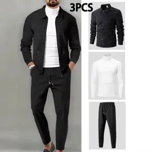 Men 3-piece waffle knit jacket turtleneck t-shirt and pants set casual streetwear fashion.
