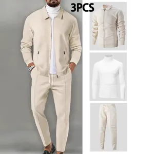 Men's 3-piece waffle knit tracksuit set featuring a full-zip jacket, turtleneck, and pants.