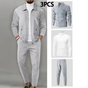 Men's 3-Piece Waffle Zip Jacket Turtleneck T-Shirt and Casual Pants Outfit Set for Autumn