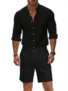 Set camicia a maniche lunghe e pantaloncini in lino casual da uomo estate traspirante.