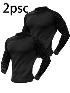 Ensemble de t-shirt thermique a manches longues en tricot gaufre pour homme vetement 2pcs