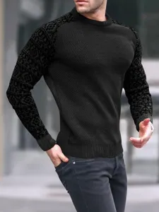 Pull pour homme à manches longues en tricot gaufré décontracté ajusté avec manches à motifs.