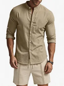 Set camicia e pantaloncini casual in lino da uomo manica lunga estate outfit kaki