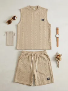 Men casual knit vest and shorts set, textured jacquard fabric, stylish summer outfit.