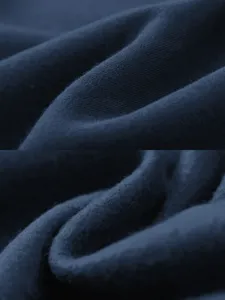 Close-up view of navy blue sweatshirt fabric texture, showcasing soft fleece interior.
