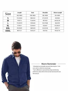 Men's casual loose long sleeve utility shirt with double pockets size chart guide.