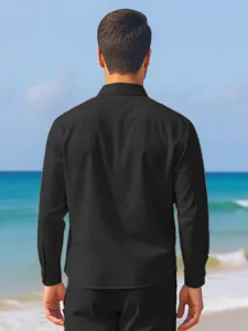 Men's black solid color long sleeve linen casual shirt for summer beach vacation.