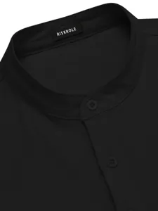 Men solid color mandarin collar casual linen shirt detail view summer fashion top