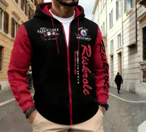 Close-up detail of stylish men color-block zip-up hoodie with cool sleeve prints.
