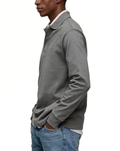 Detail shot of the grey men's long-sleeve polo shirt, showing collar, fabric texture and fit.