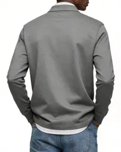 Men long sleeve polo shirt detail back view, casual solid color lapel top, loose fit design.