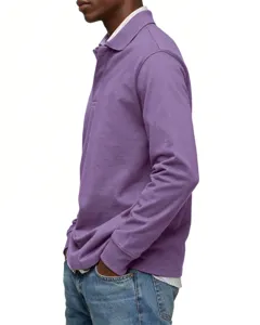 Close up detail of men's long sleeve purple polo shirt collar and sleeve cuff design style.