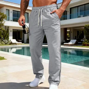 Classic grey men's casual loose straight sweatpants with drawstring and side stripe.
