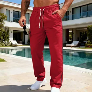 Red men's loose casual sports straight-leg sweatpants with white drawstring and side stripe.