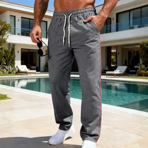 Men's casual grey sweatpants with comfortable drawstring and stylish side stripe design.