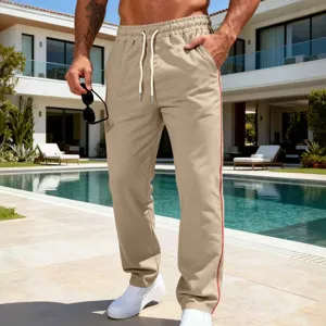 Men's casual straight leg pants khaki loose fit drawstring trousers with side stripe