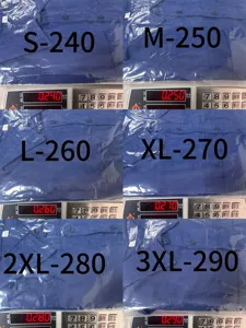Detail view of mens long sleeve work shirt showing weight variants for each size.