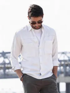 Men's casual utility long sleeve shirt with double chest pockets, styled for daily wear.