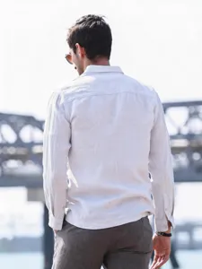 Men casual long sleeve linen shirt back view, loose fit solid color top for daily wear.
