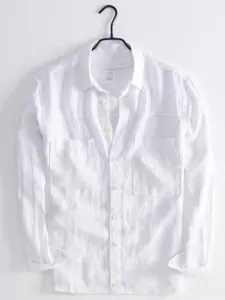 Men white long sleeve casual shirt loose fit pocket button down workwear top fashion basic