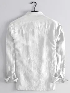 Men's white casual long sleeve linen shirt, back view showing texture and fit detail.