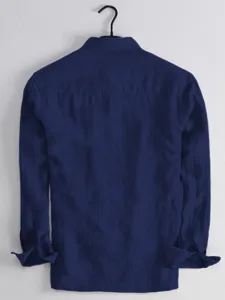 Men's Stylish Casual Long Sleeve Solid Dark Blue Shirt Versatile Basic Top Detail View