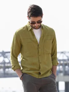 Men's long sleeve utility shirt casual loose fit double pocket military green top