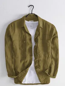 Mens long sleeve cargo shirt casual loose fit double pocket button down olive green top detail