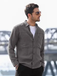 Men's casual grey utility long sleeve shirt with double pockets detail view fashion wear.