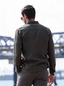 Men's casual long sleeve solid color linen shirt outdoor fashion stylish top apparel
