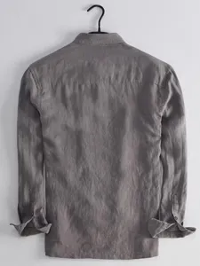 Grey long sleeve shirt detail back view, casual workwear design, comfortable and versatile.