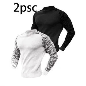 T-Shirt à Manches Longues Tricot Waffle Décontracté pour Hommes Ensemble Pullover Imprimé Géométrique Haut Léger Respirant
