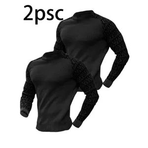 T-shirt manches longues gaufré homme noir pull ensemble décontracté deux pièces mode