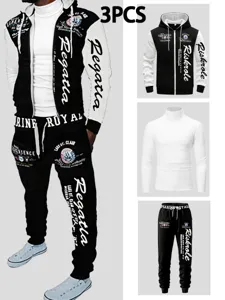 Men's 3-piece outfit with zip hoodie, turtleneck t-shirt and printed sweatpants.