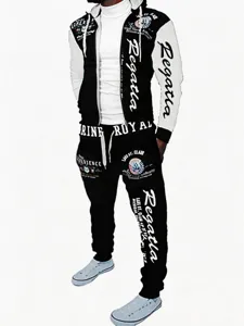 Men's casual colorblock zip-up hoodie long sleeve t-shirt and sweatpants 3-piece set streetwear