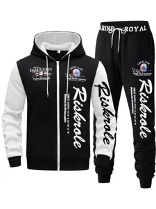 Men's fashion casual colorblock zip hoodie and sweatpants tracksuit set for autumn and winter.