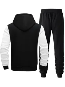 Mens casual tracksuit colorblock hooded sweatshirt and sweatpants set autumn winter sportswear