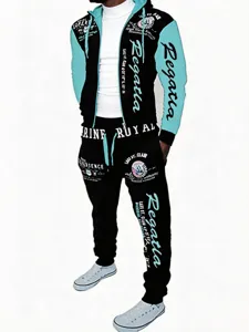 Men's casual color-block zip-up hooded sweatshirt and matching sweatpants tracksuit set.