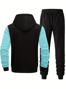 Men's Casual Autumn Winter Color Block Hooded Sweatshirt And Sweatpants Tracksuit Set